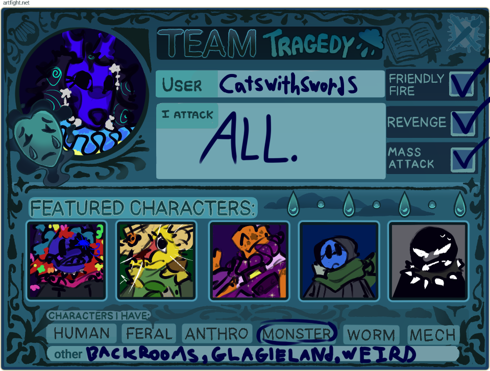 artfight card for the user catswithswords on team tragedy